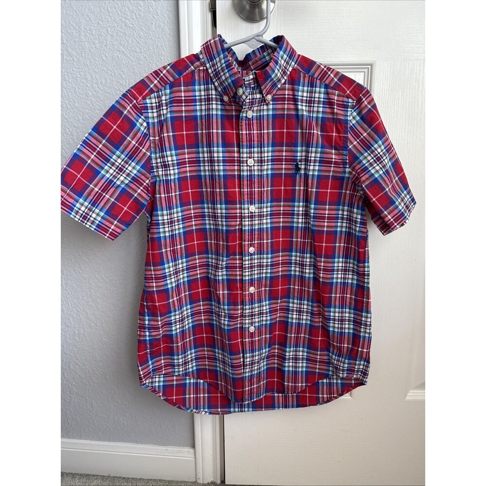 Ralph Lauren Short Sleeve Plaid Button Down Shirt Red Blue White M 10-12
